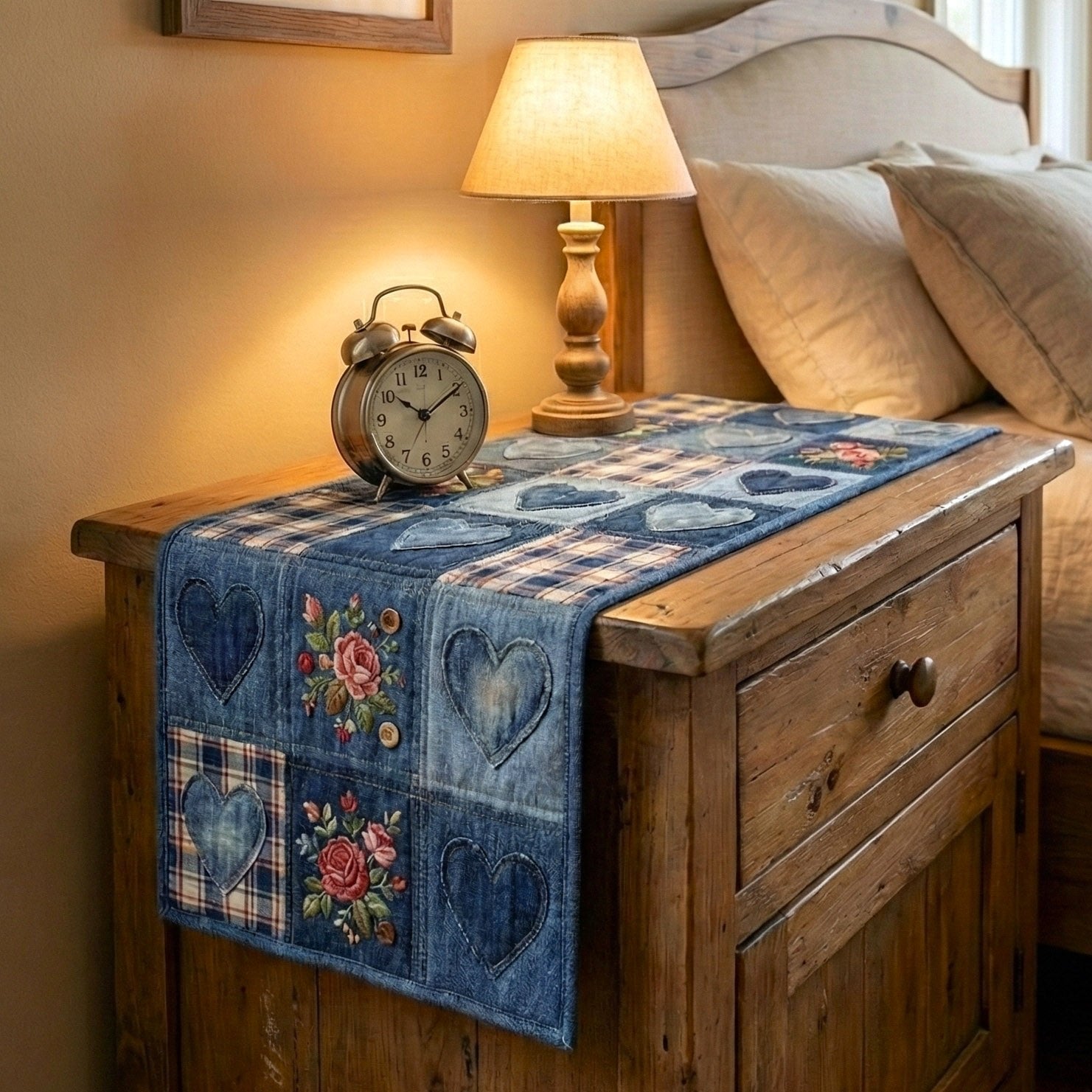 Blue Floral Patchwork Blocks Table Runner
