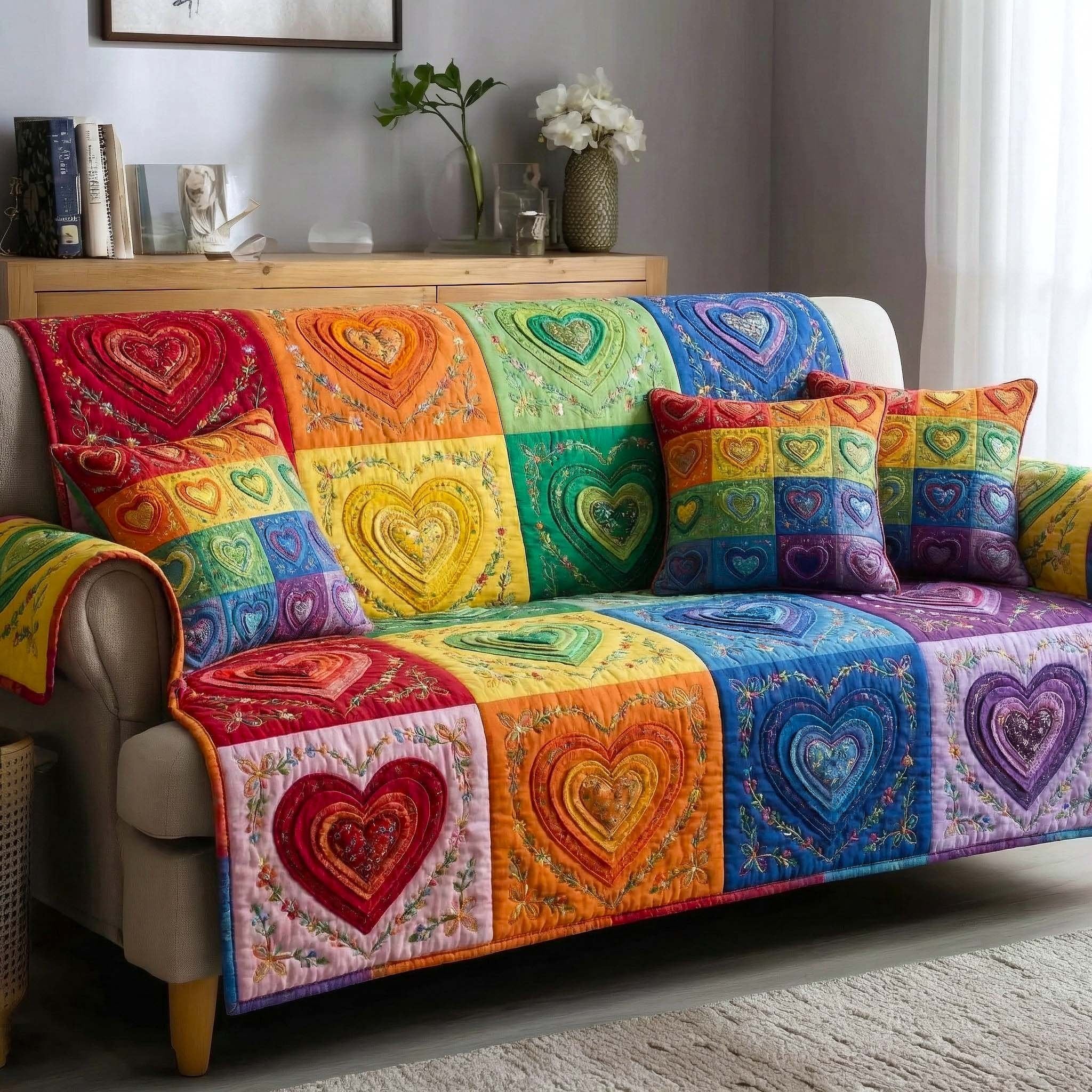 Rainbow Hearts on Bright Patchwork Sofa Cover