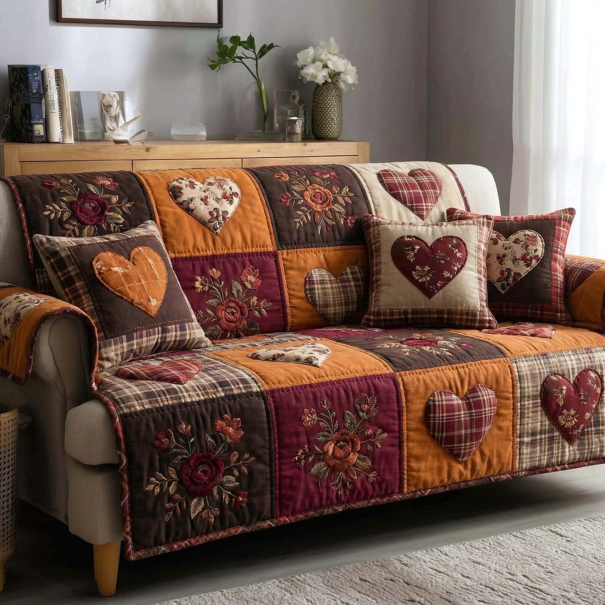 Hearts on Brown Floral Plaid Sofa Cover