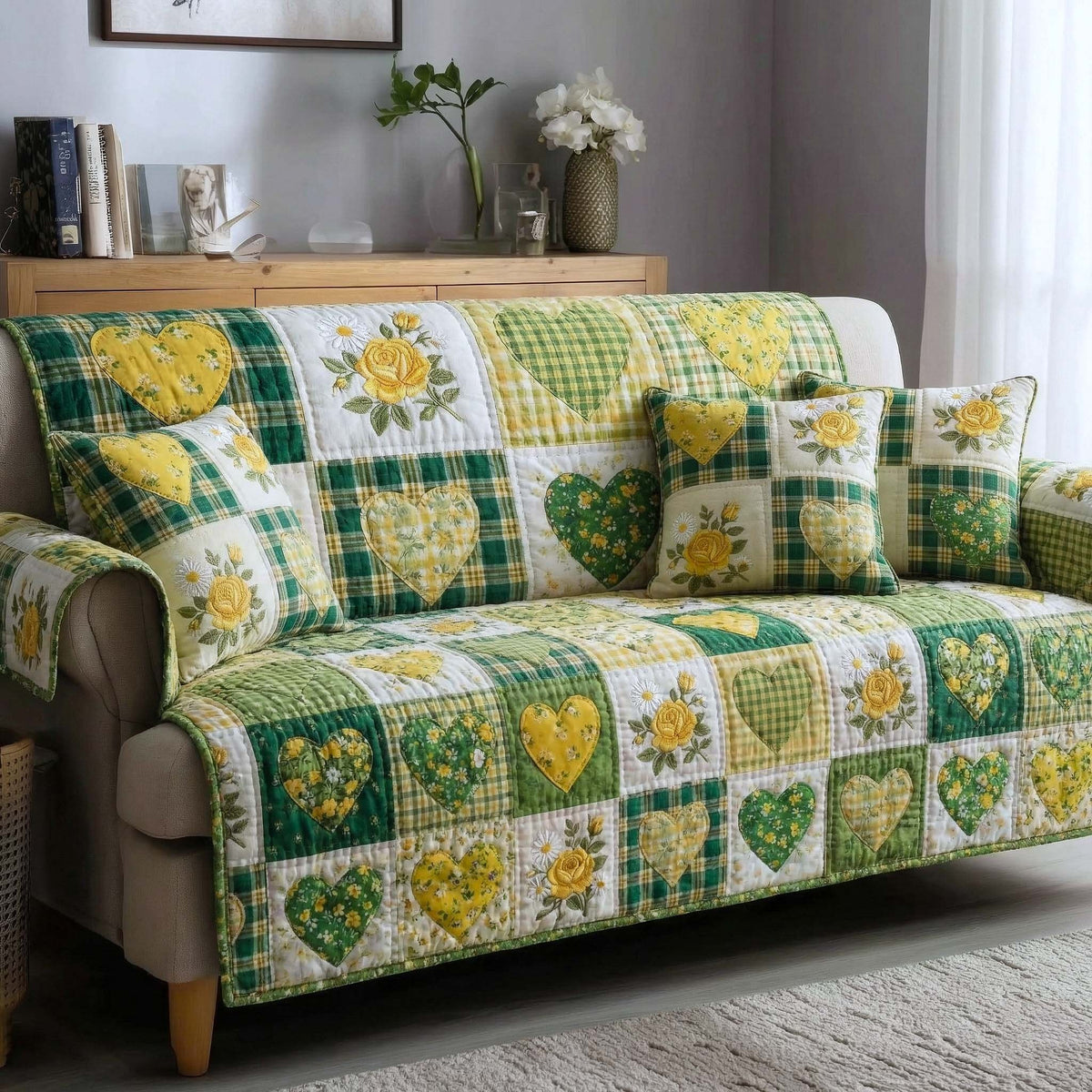 Hearts on Green and Yellow Florals Sofa Cover