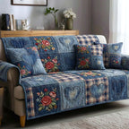 Hearts and Roses on Blue Plaid Sofa Cover