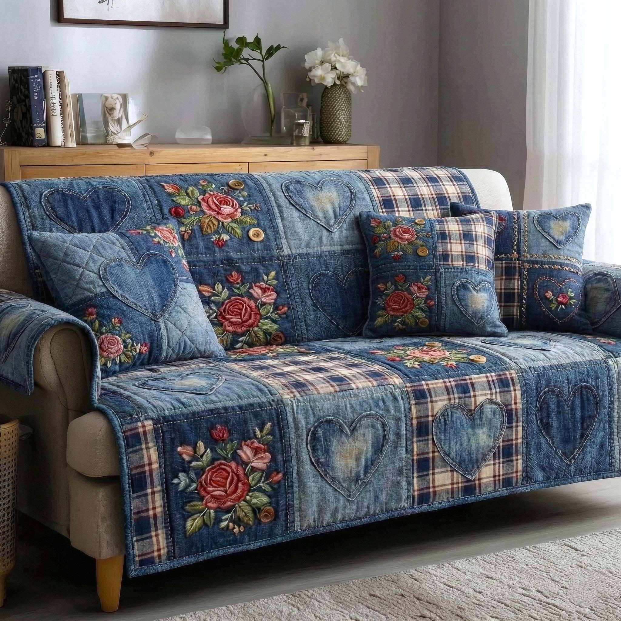 Hearts and Roses on Blue Plaid Sofa Cover