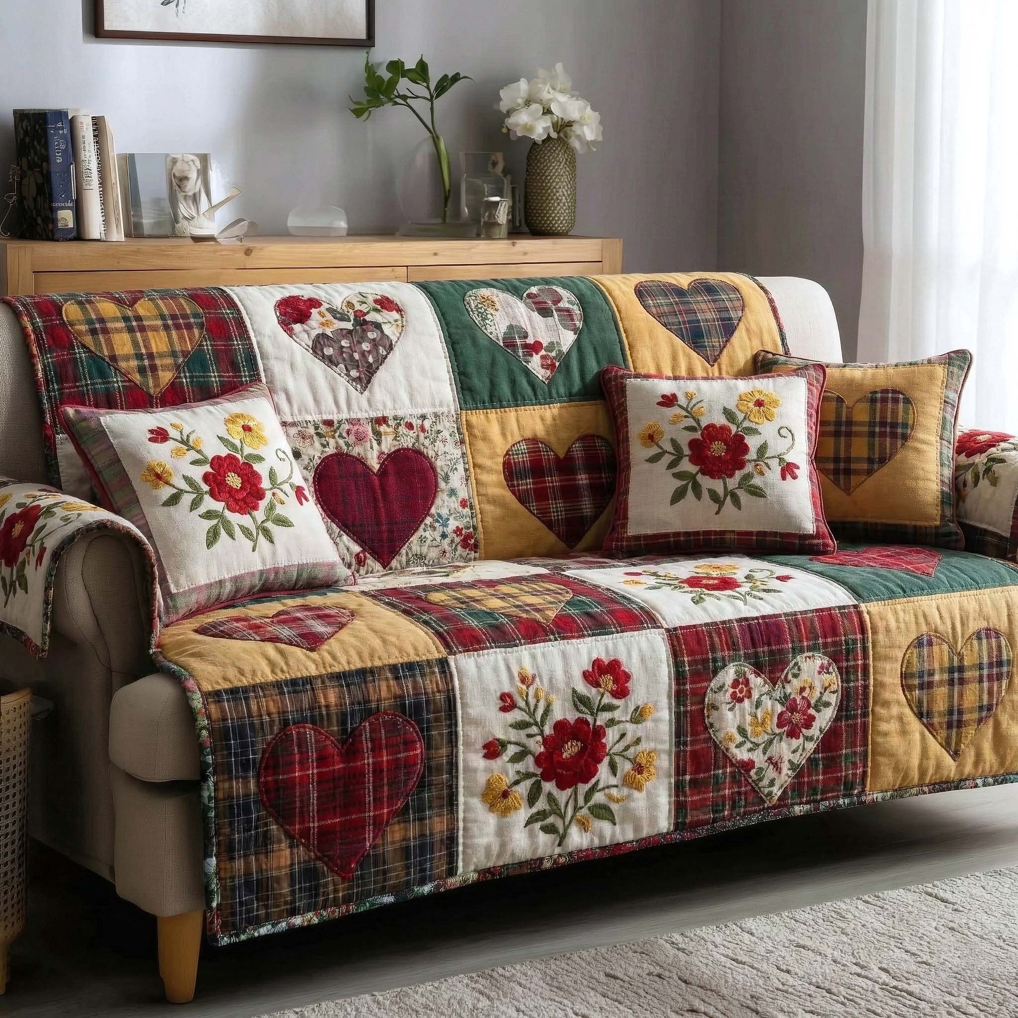 Hearts on Cream with Red Florals Sofa Cover