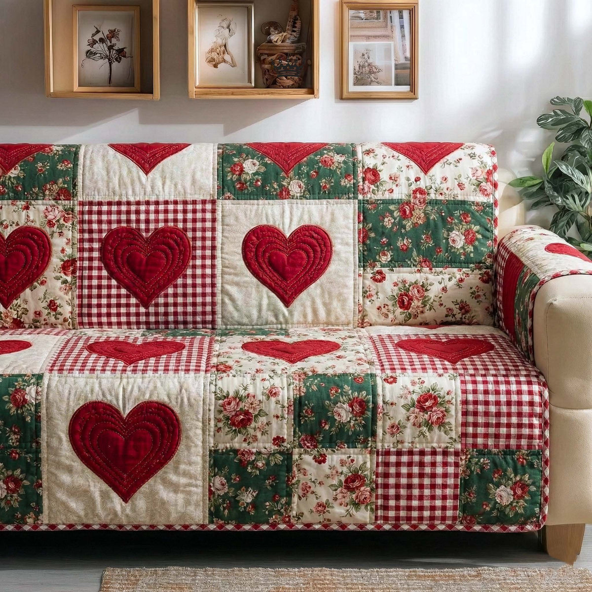 Red Hearts on Green and Red Checks Sofa Cover
