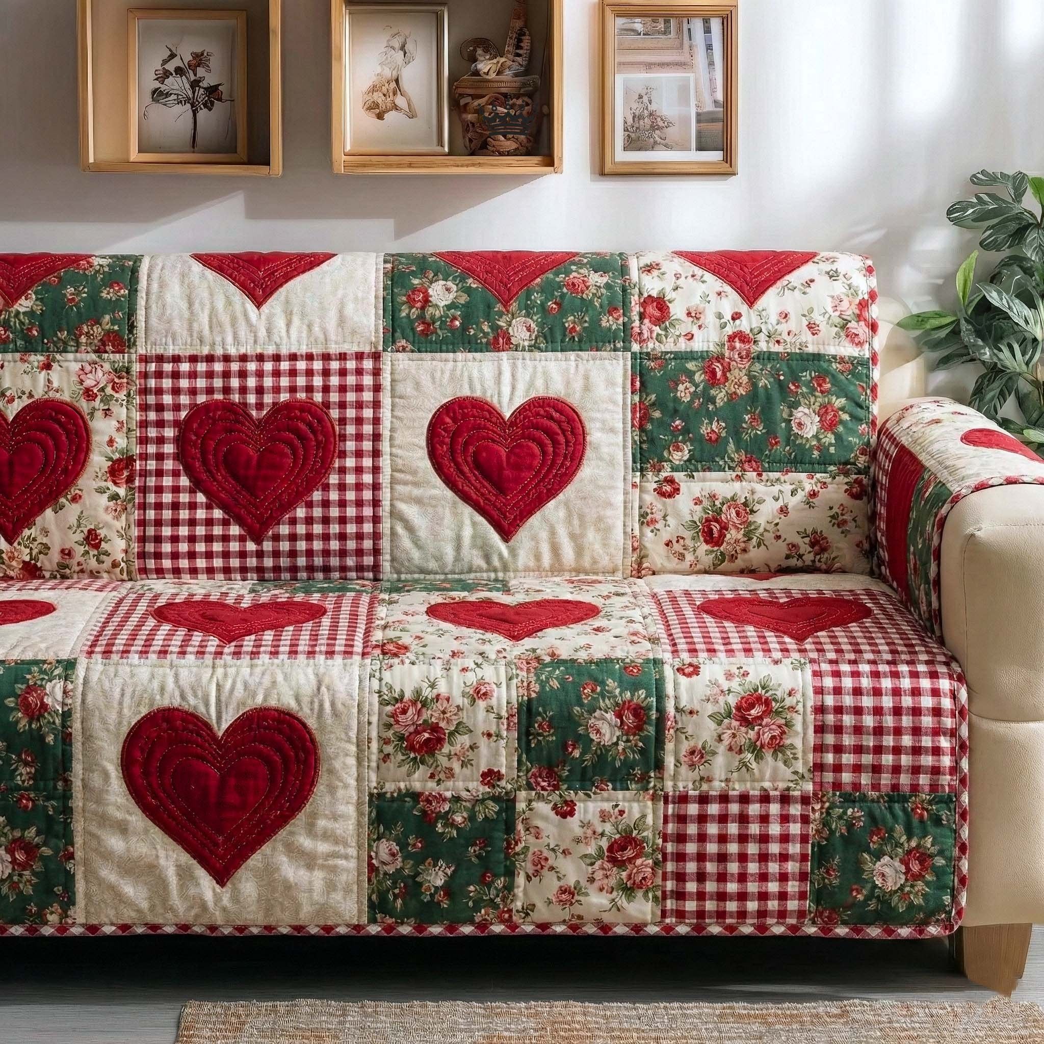Red Hearts on Green and Red Checks Sofa Cover