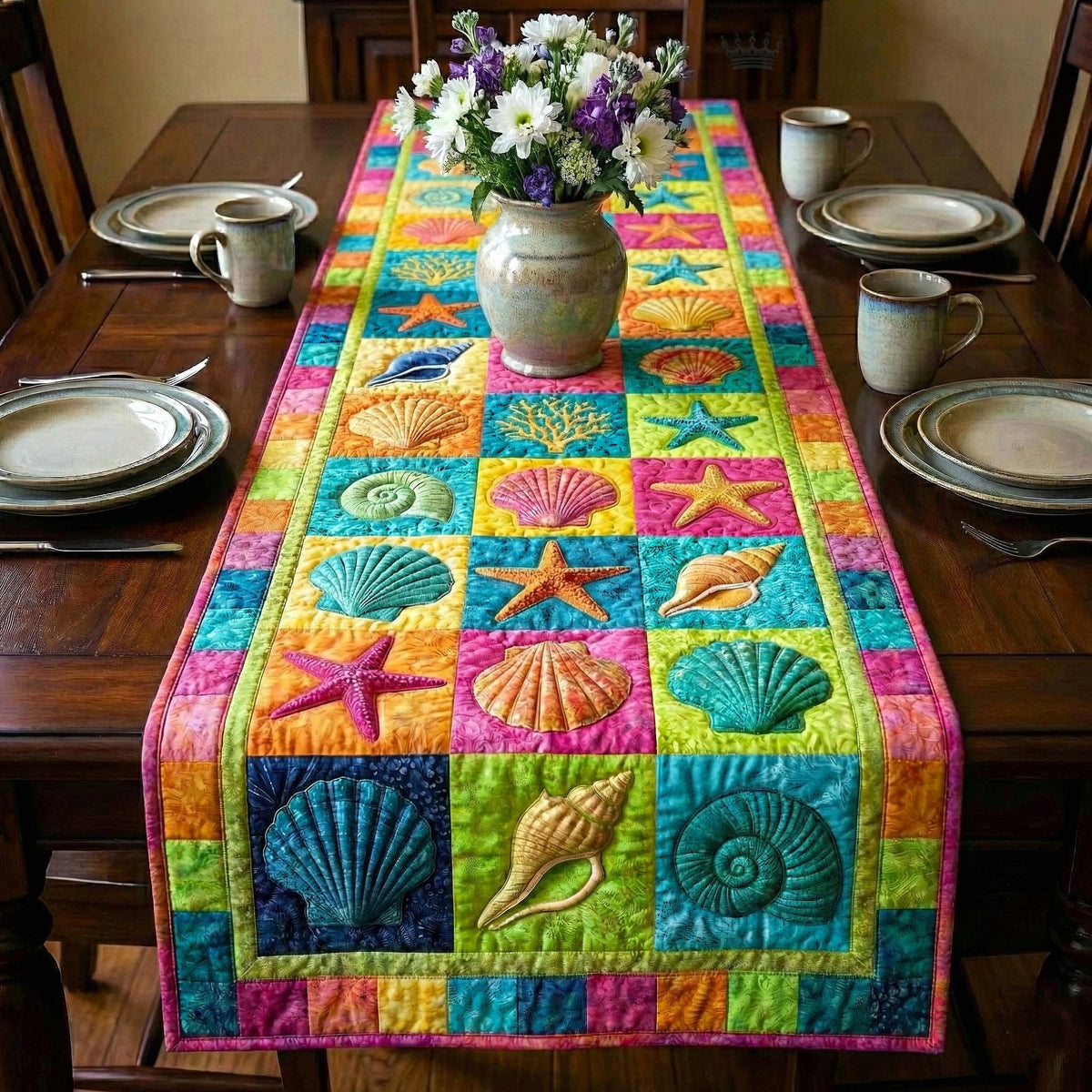 Shell Blocks in Bright Rainbow Squares Table Runner