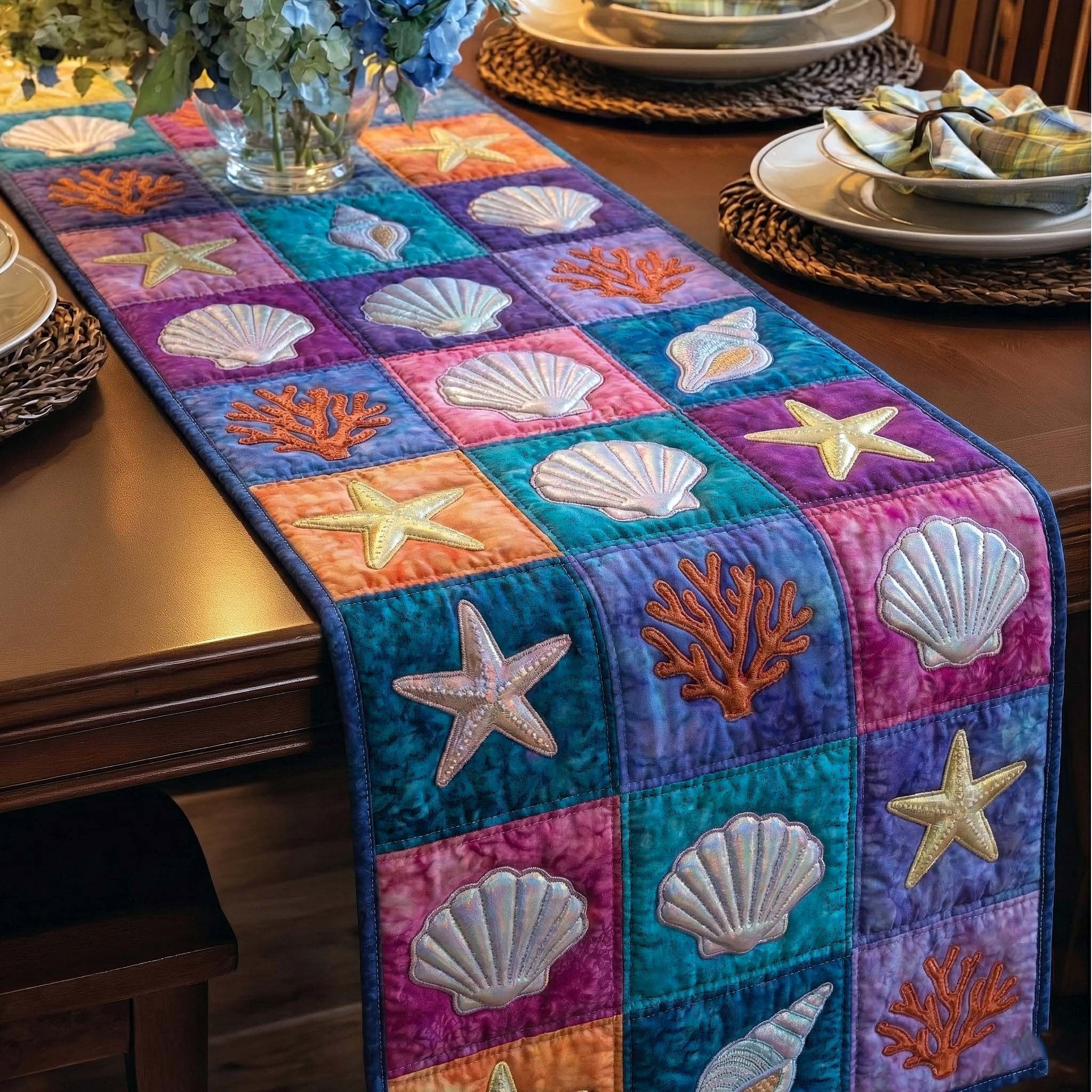 Shell Blocks in Teal and Purple Table Runner