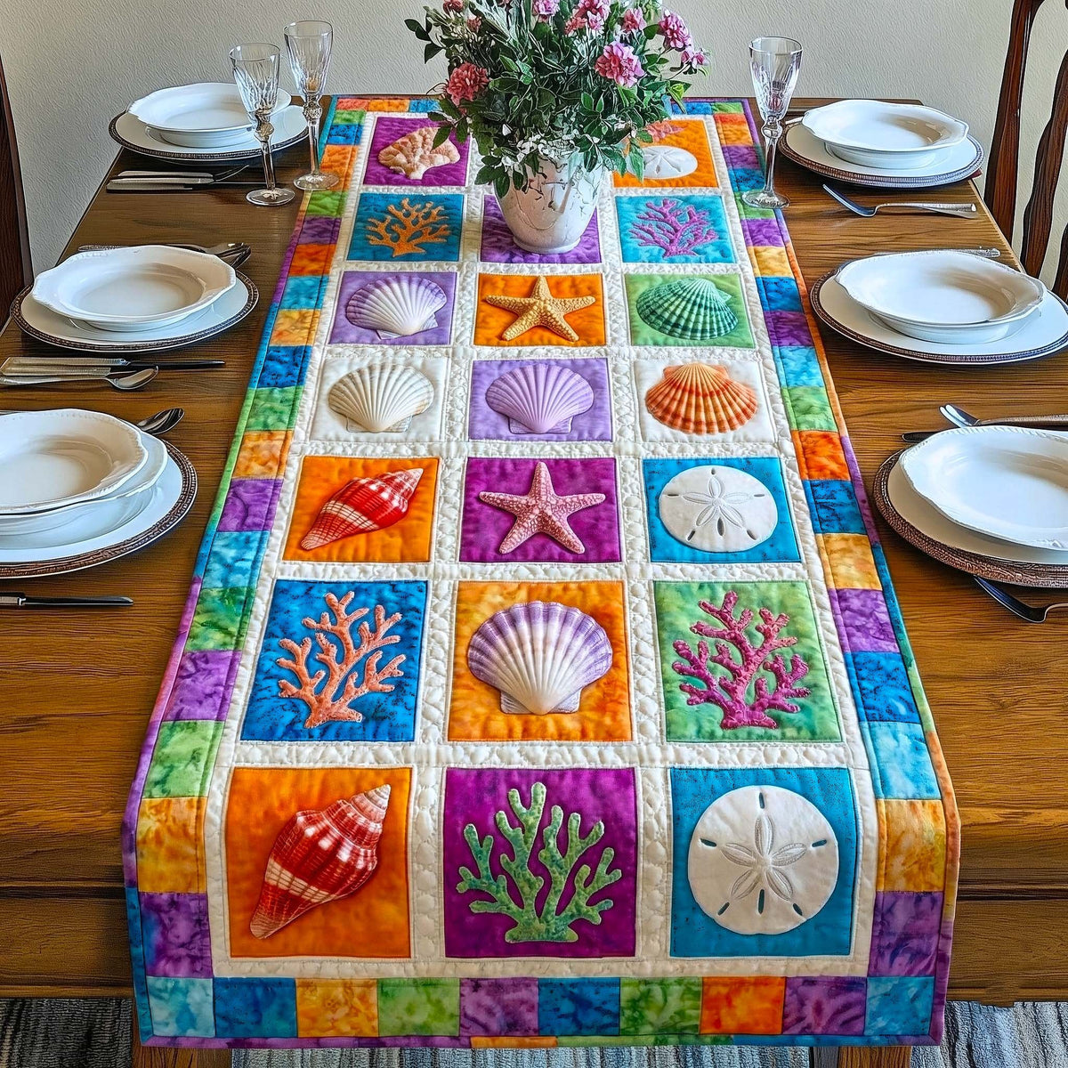 Shell Blocks in Orange and Purple Table Runner