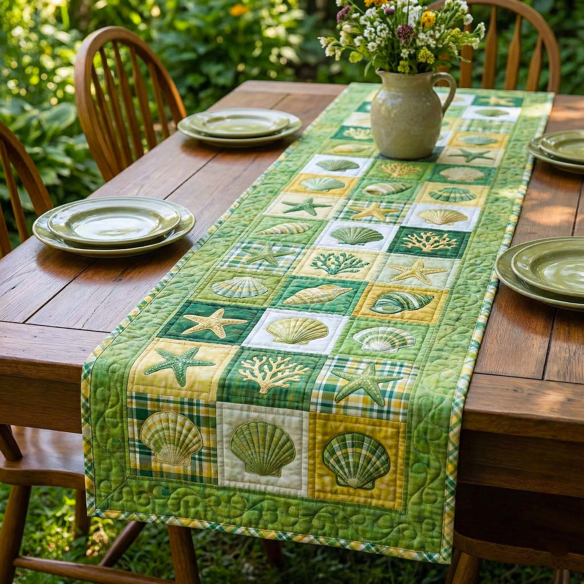 Shell Blocks in Green and Yellow Table Runner