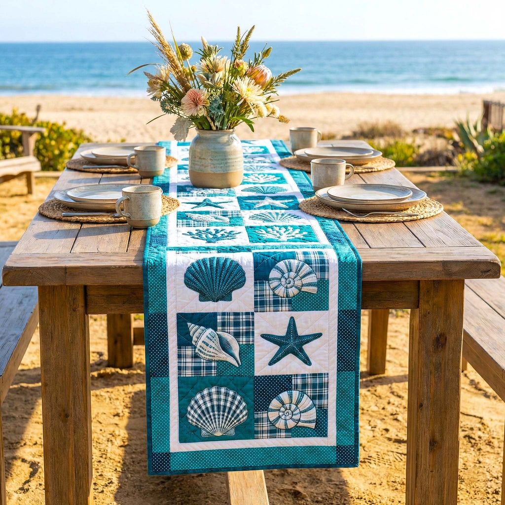 Turquoise and White Shell Blocks Table Runner