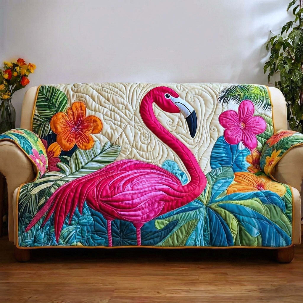 Flamingo with Hibiscus on Teal Sofa Cover