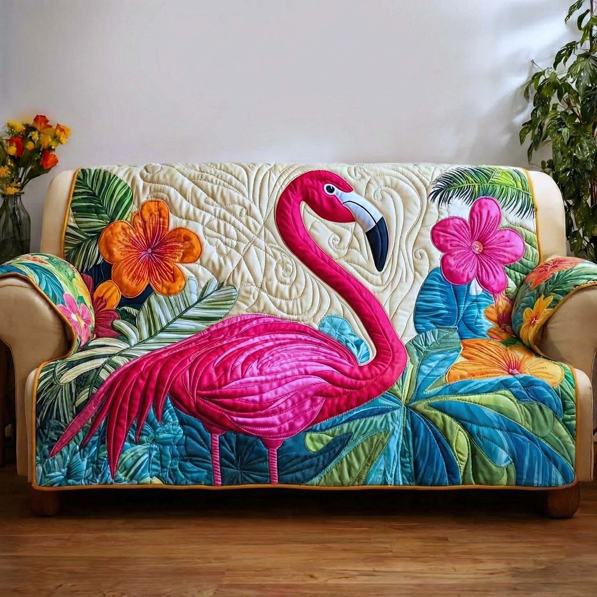 Flamingo with Hibiscus on Teal Sofa Cover