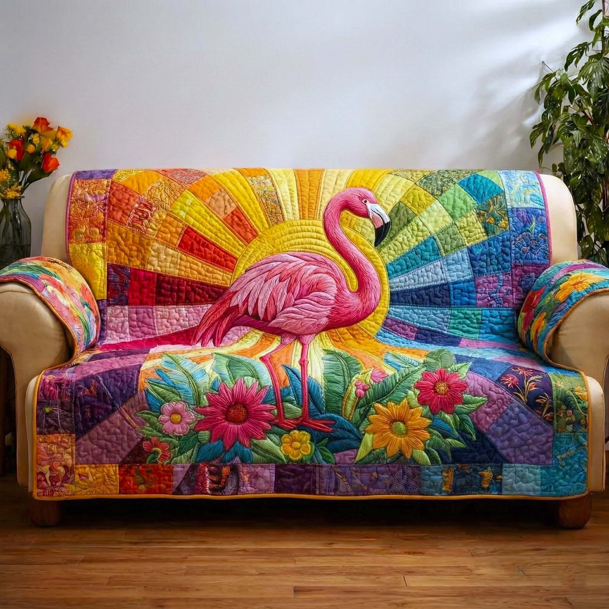 Flamingo on the Rainbow Sunburst Sofa Cover