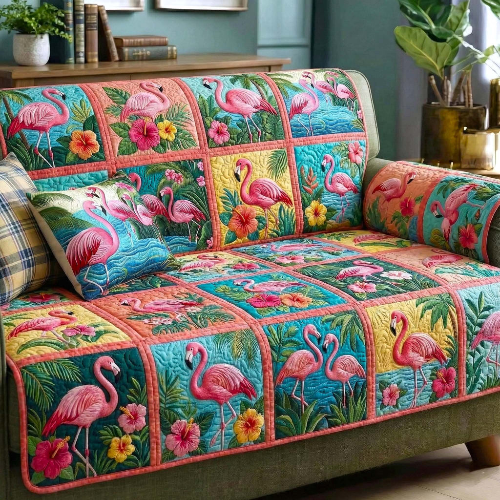 Flamingo Blocks in Tropical Patchwork Sofa Cover