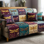 Dragonflies on Purple and Teal Squares Sofa Cover