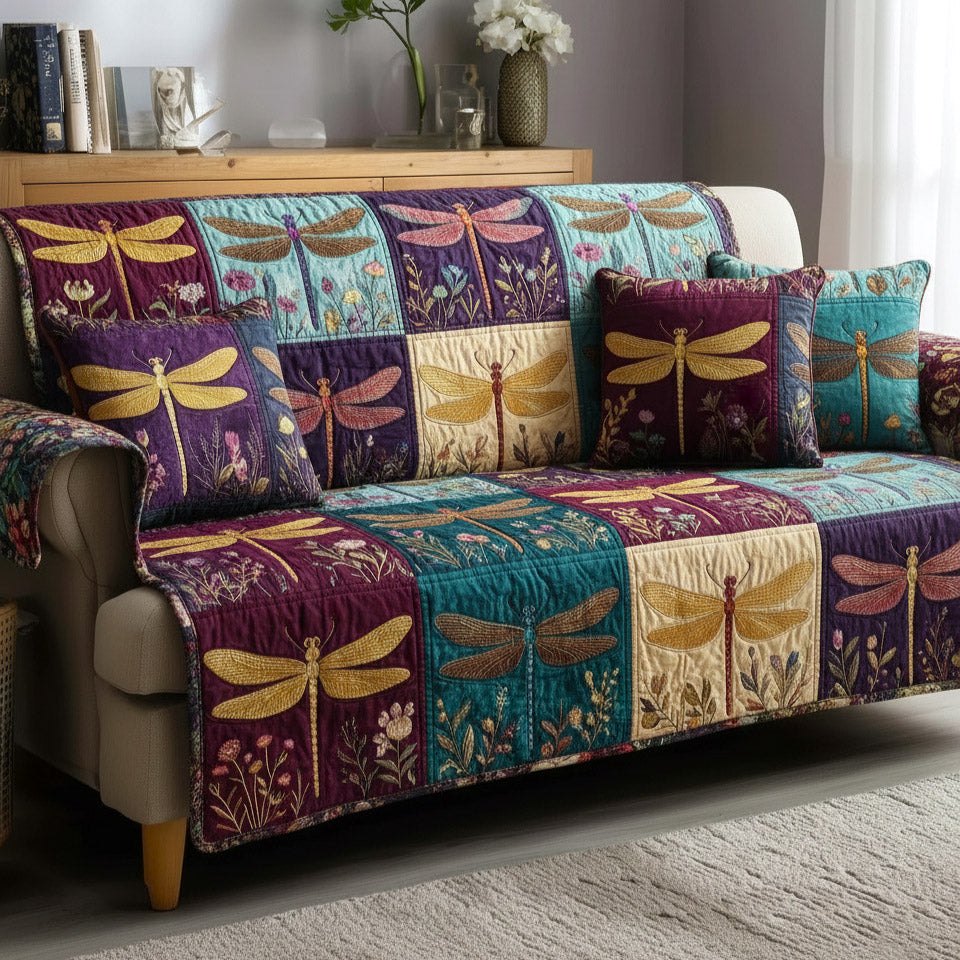 Dragonflies on Purple and Teal Squares Sofa Cover