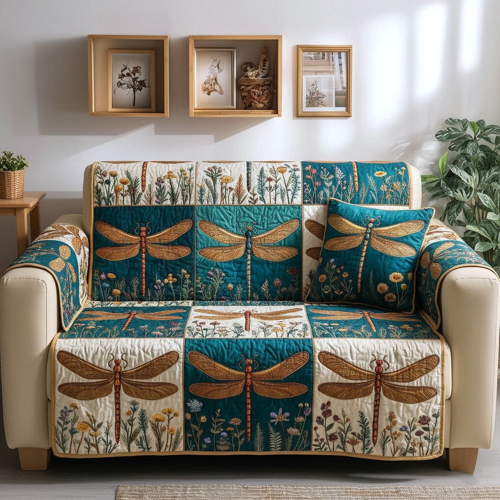 Dragonflies on Teal and Cream Panels Sofa Cover