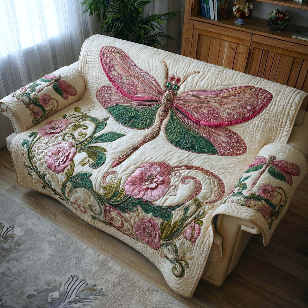 Pink Dragonfly with Blush Blossoms Sofa Cover