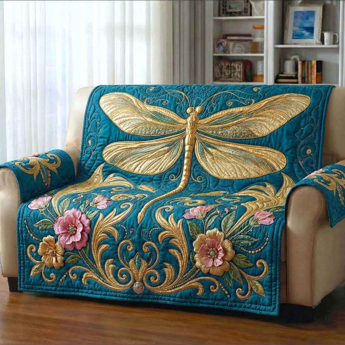 Golden Dragonfly on Teal Scrollwork Sofa Cover
