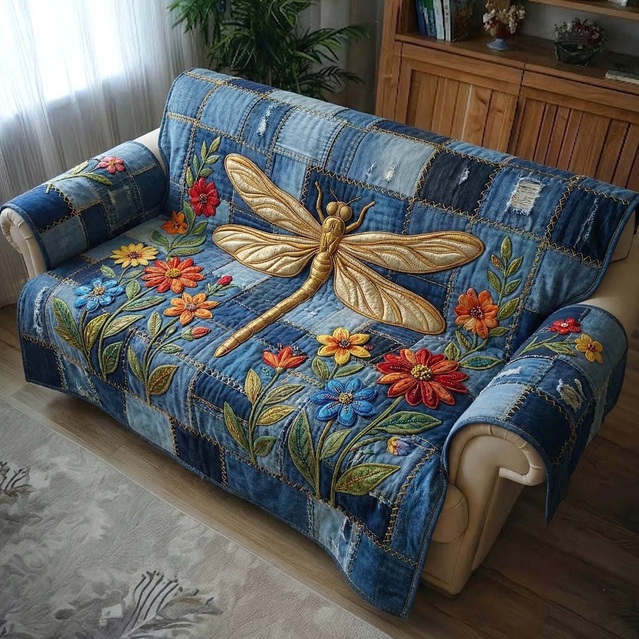 Golden Dragonfly on Denim Blue Sofa Cover