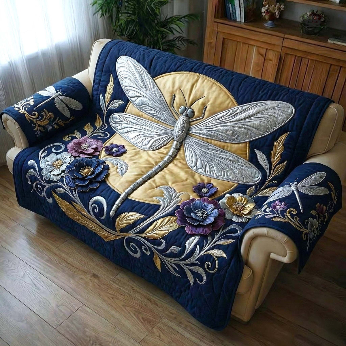 Silver Dragonfly on Navy Blossoms Sofa Cover