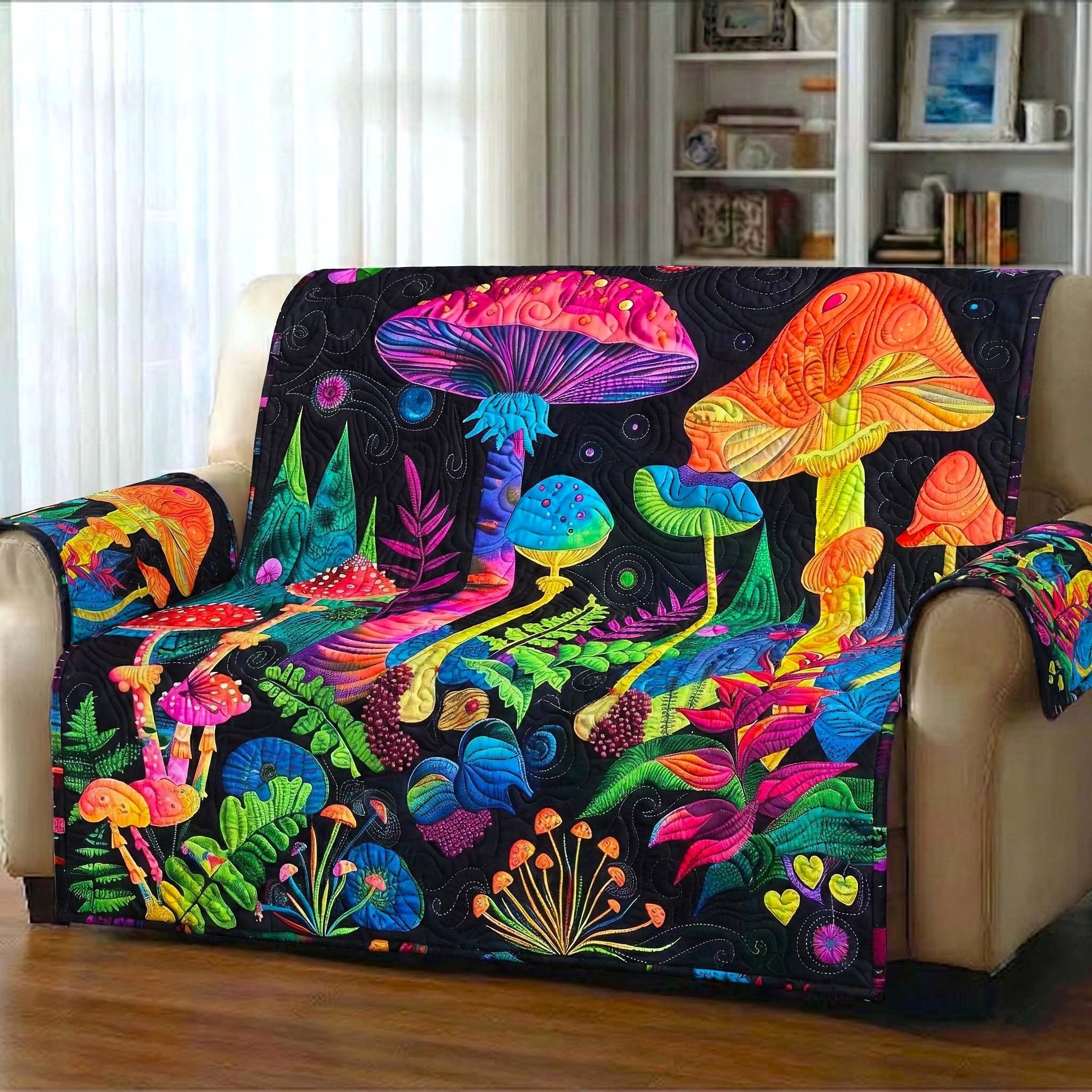 Glowing Neon Mushrooms on Black Sofa Cover