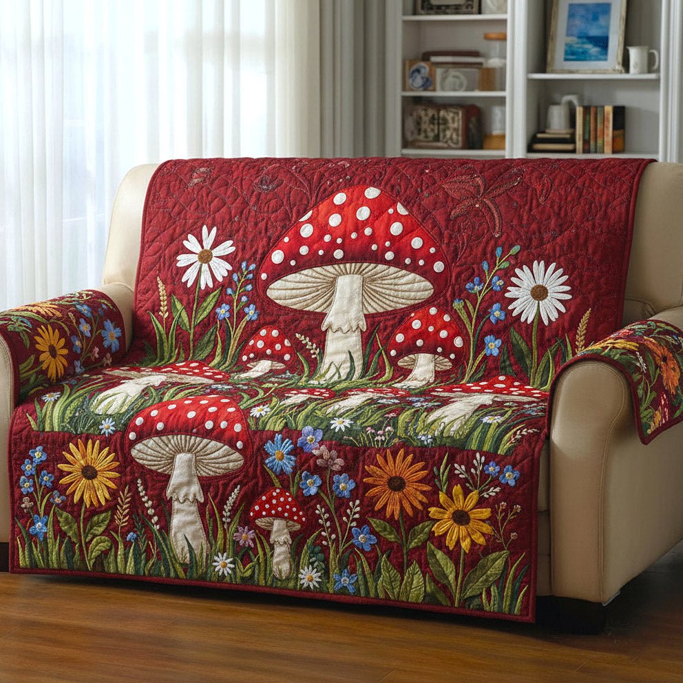 Red Toadstools Among White Daisies Sofa Cover