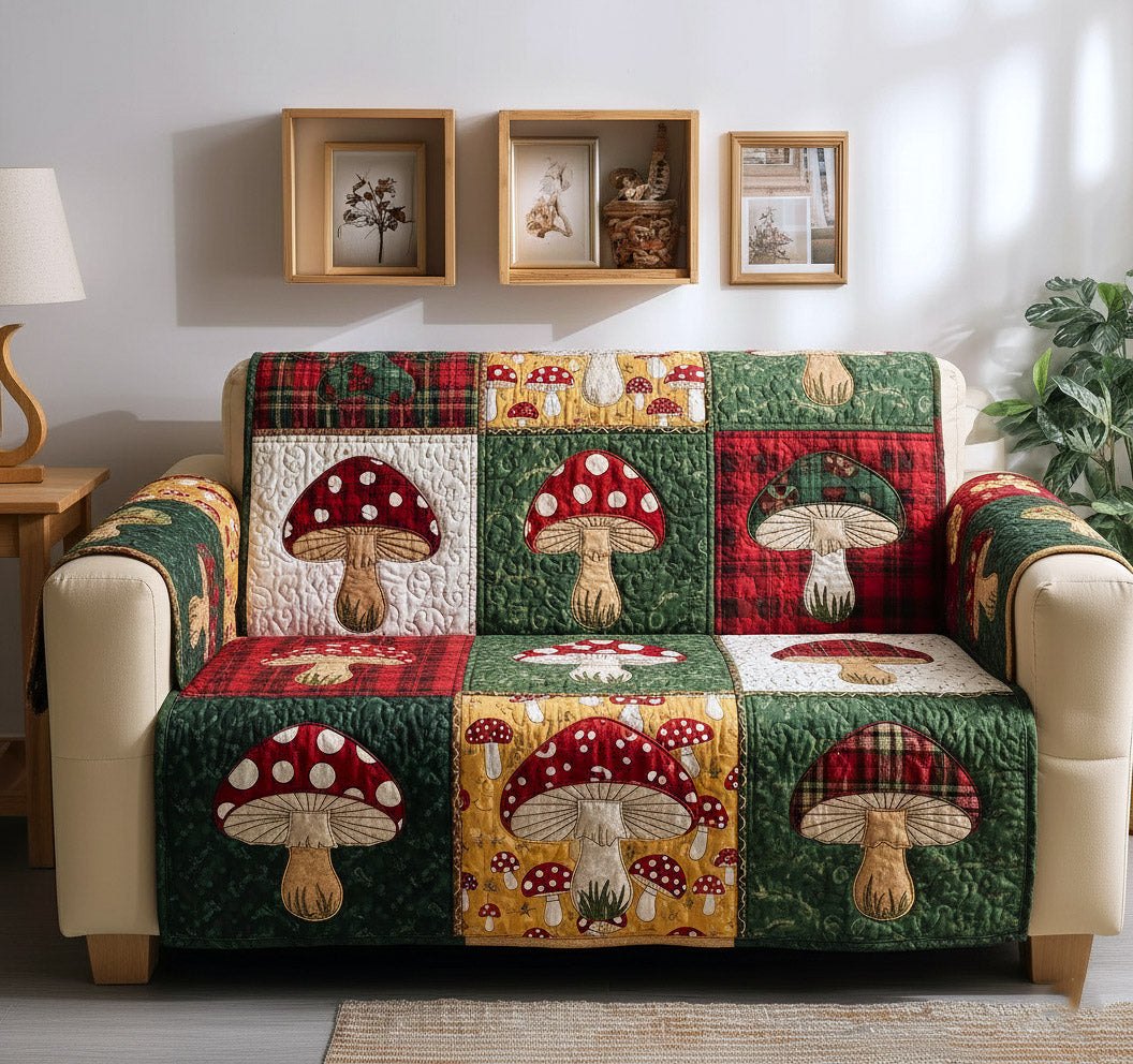 Toadstools on Red and Green Squares Sofa Cover