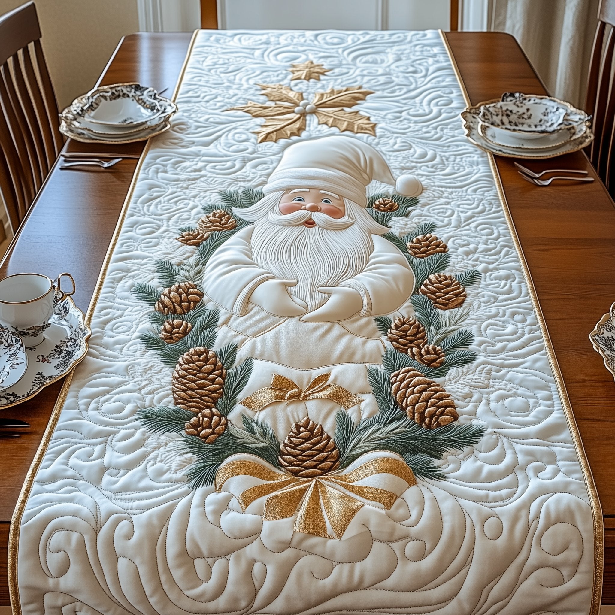 White Santa with Pinecones Table Runner