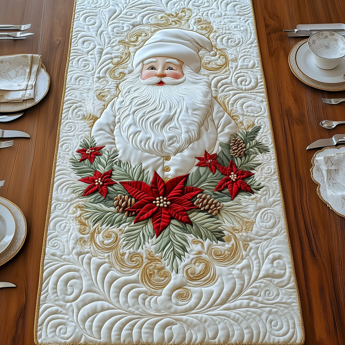 Santa with Poinsettia Wreath Table Runner