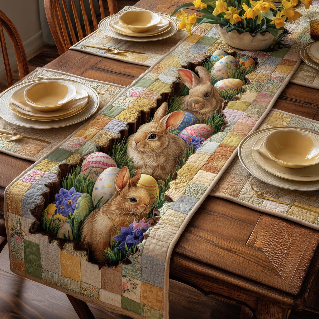 Rabbits with Eggs on Patchwork Table Runner