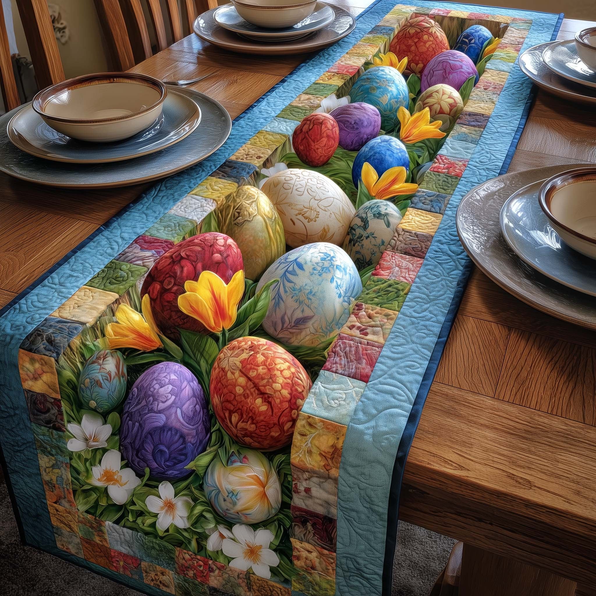 Easter Eggs and Spring Flowers Table Runner