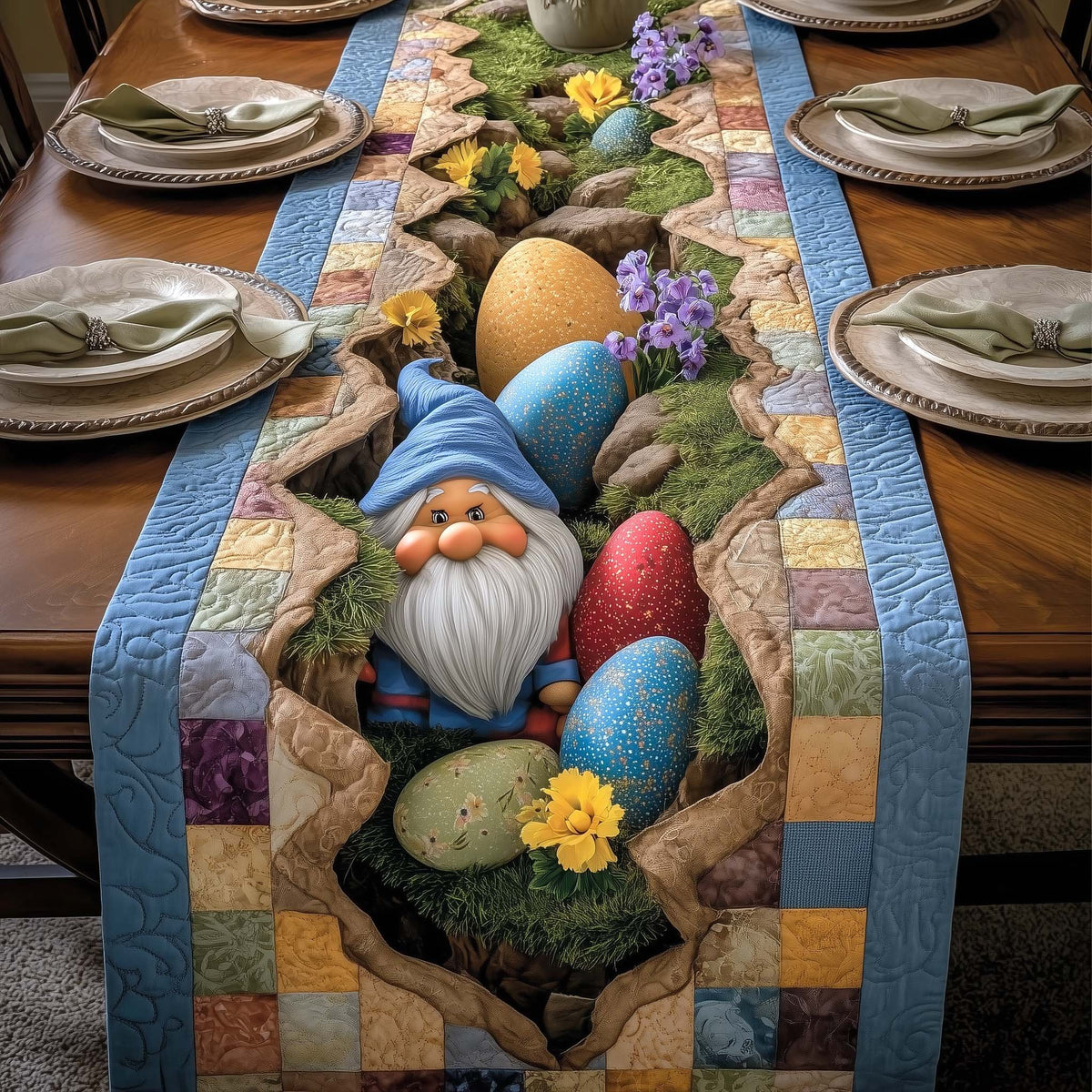 Gnome Among Easter Eggs Table Runner