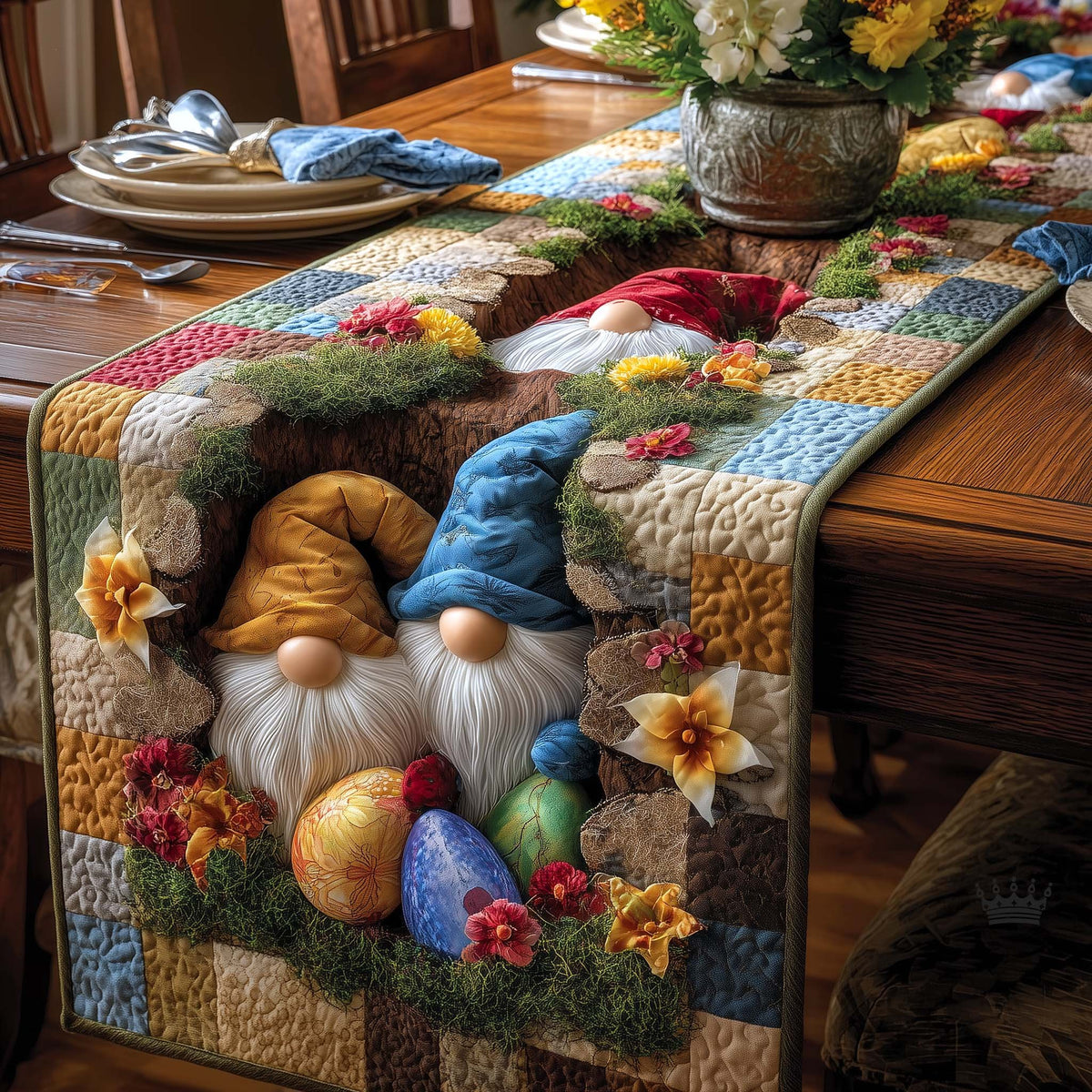 Gnomes with Easter Eggs and Blooms Table Runner