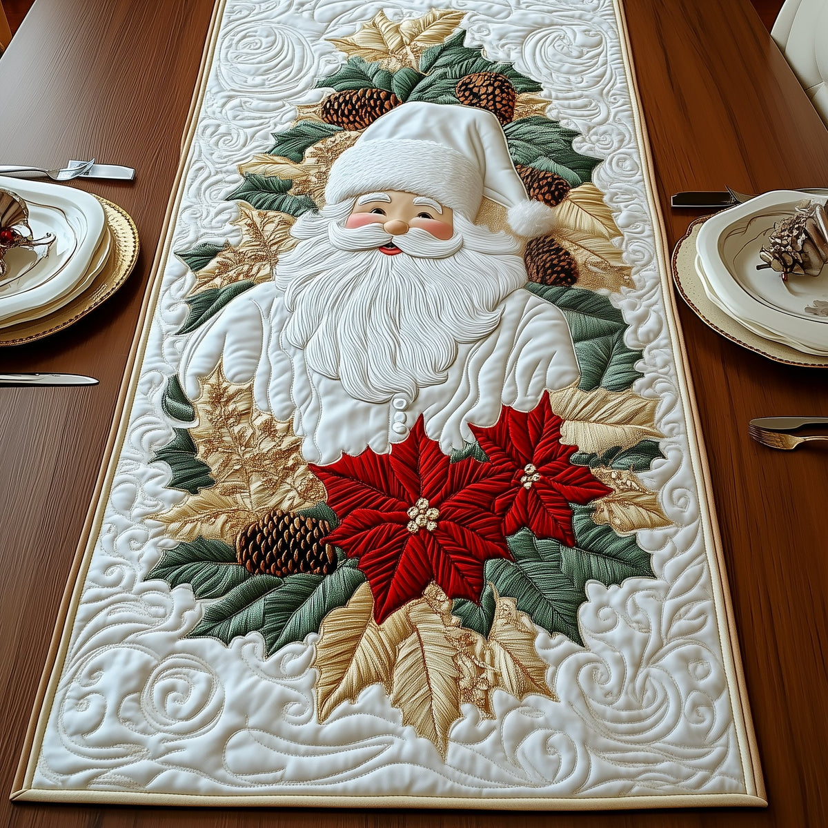 Santa with Red Poinsettias Table Runner