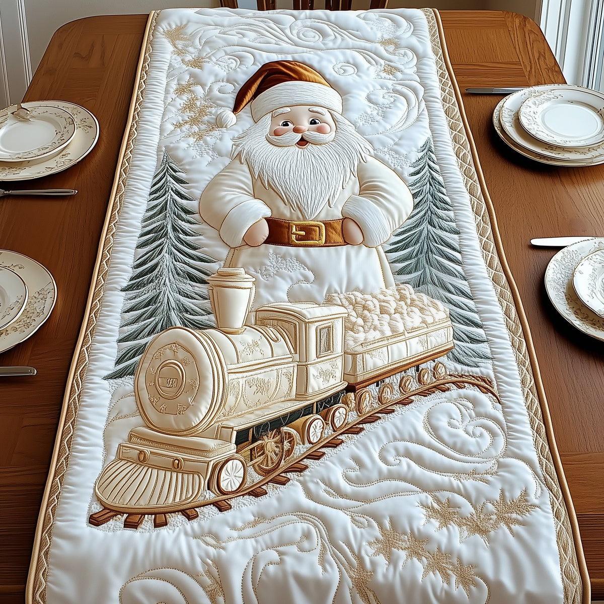 Santa Above a Quilted Train Table Runner