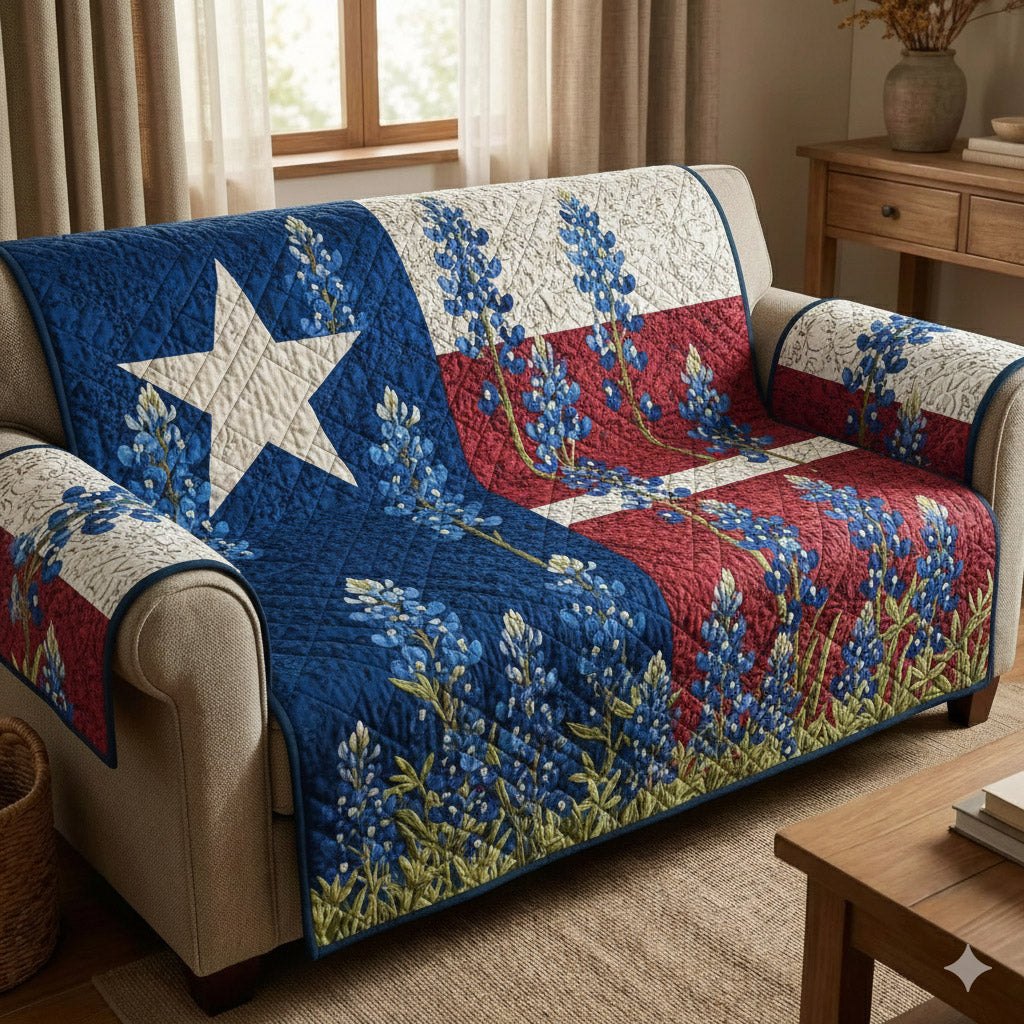 Lone Star Flag with Bluebonnets Sofa Cover