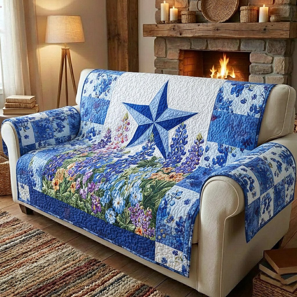 Blue Star Quilt with Bluebonnets Sofa Cover