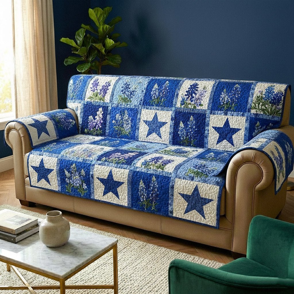 Navy Stars and Bluebonnet Checks Sofa Cover