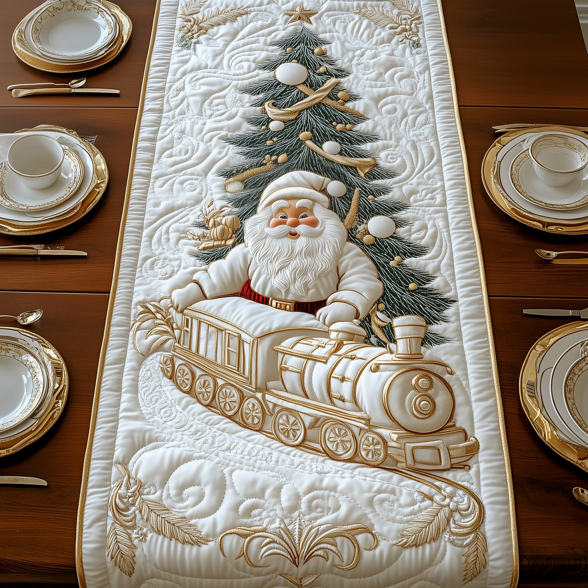 Santa with Train and Christmas Tree Table Runner