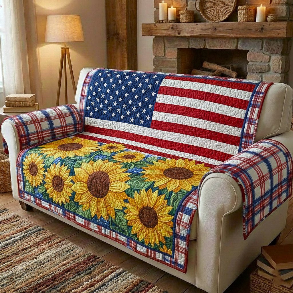American Flag Above Sunflowers Sofa Cover