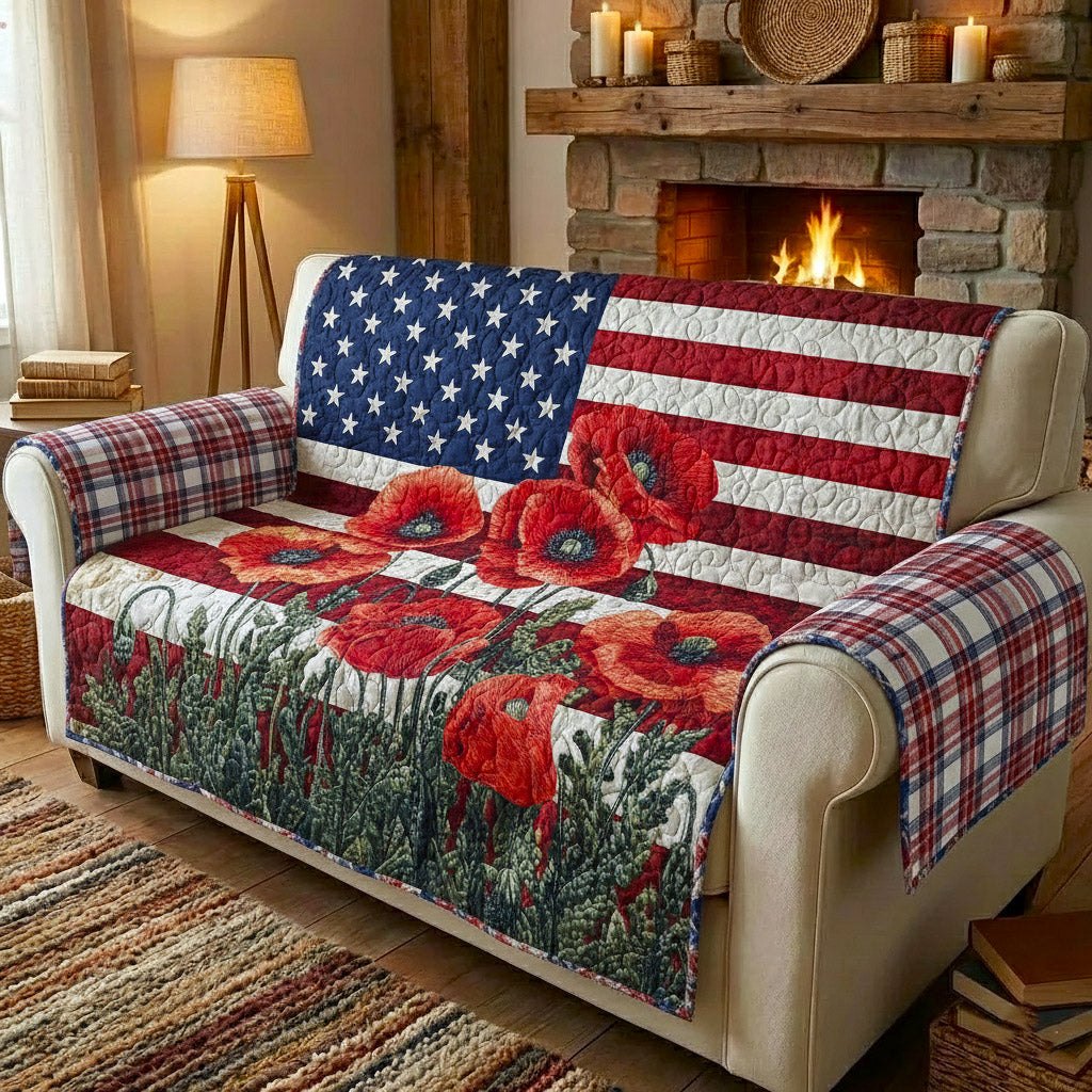 American Flag with Red Poppies Sofa Cover