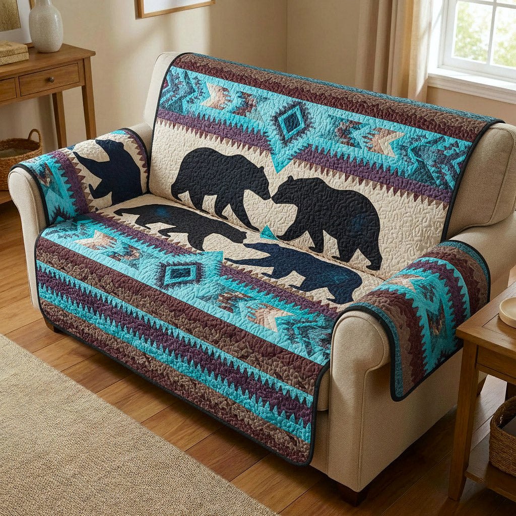 Bear Silhouettes on Teal Aztec Stripes Sofa Cover