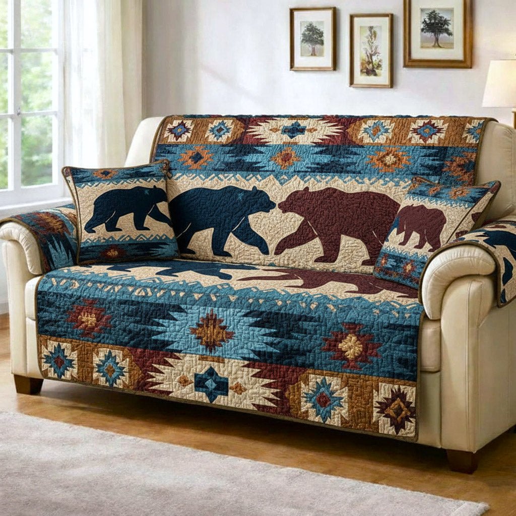 Bear Silhouettes on Blue Southwest Bands Sofa Cover