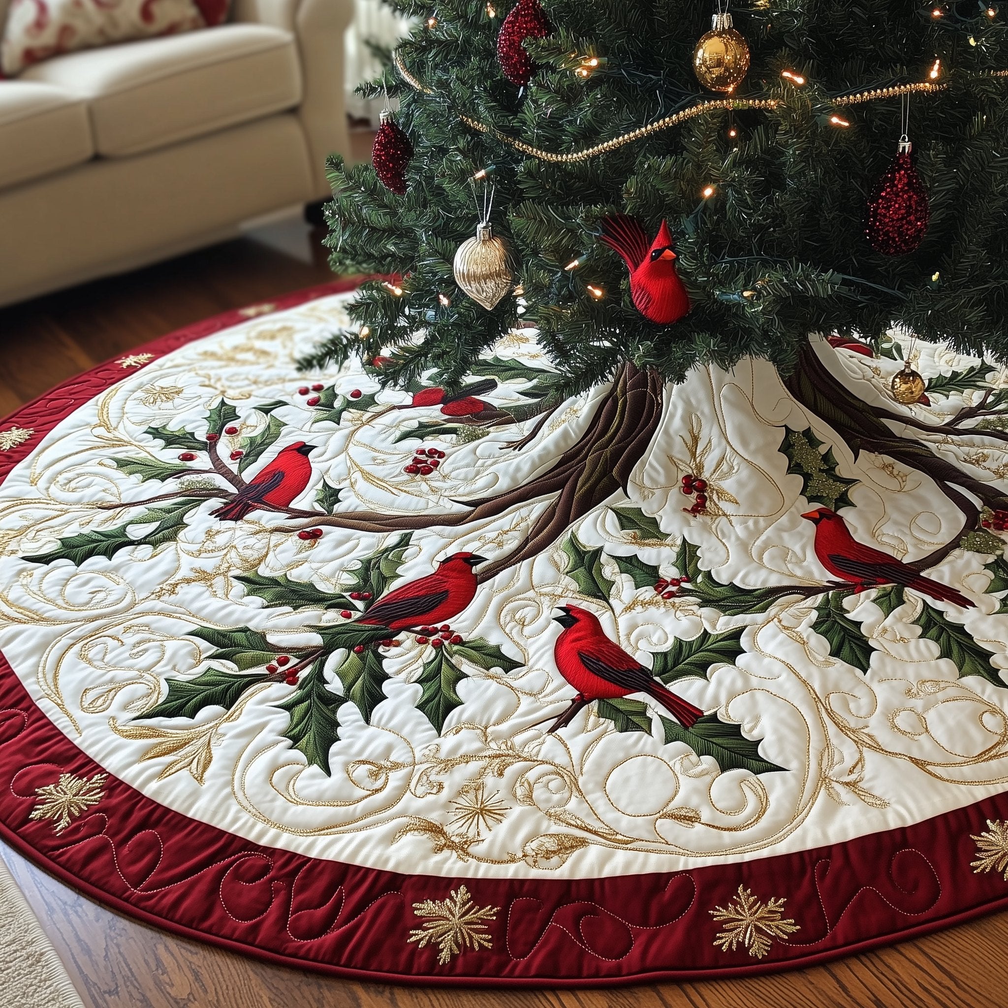 Cardinals and Holly on Cream Christmas Tree Skirt