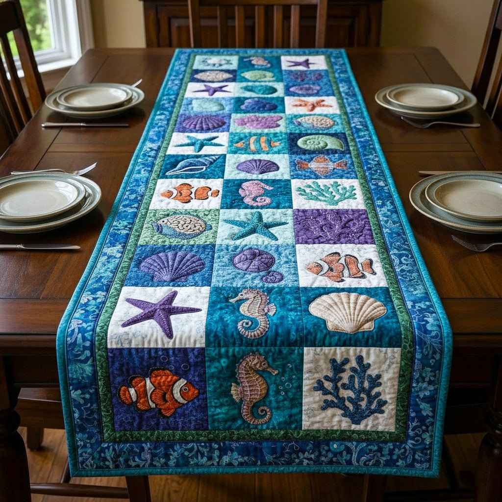 Seashells and Seahorses in Blue Blocks Table Runner