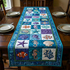 Seashells and Seahorses in Blue Blocks Table Runner