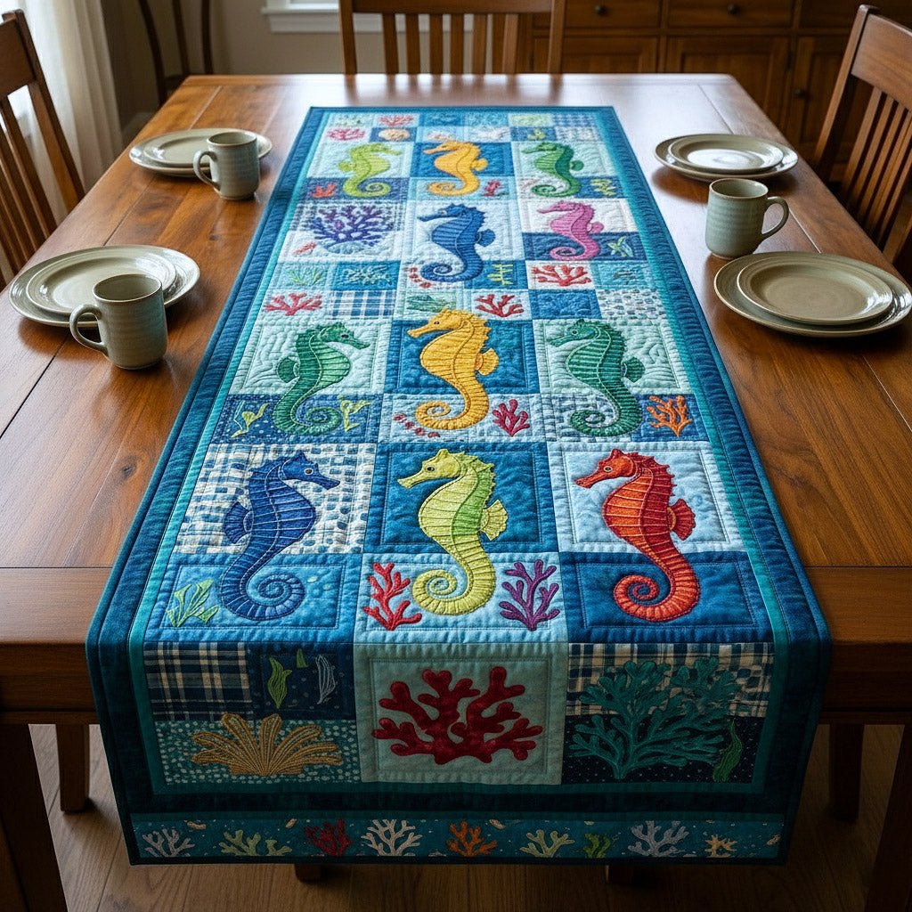 Seahorses and Coral in Blue Blocks Table Runner