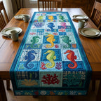 Seahorses and Coral in Blue Blocks Table Runner