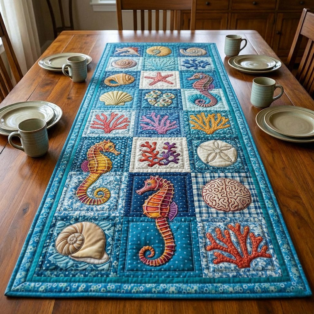 Seahorses and Shells on Teal Table Runner
